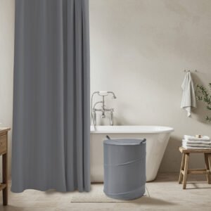 JC SET DE BAÑO 14 PIEZAS CORTINA + GANCHOS + CESTO - Talle UNICO - Color GRIS